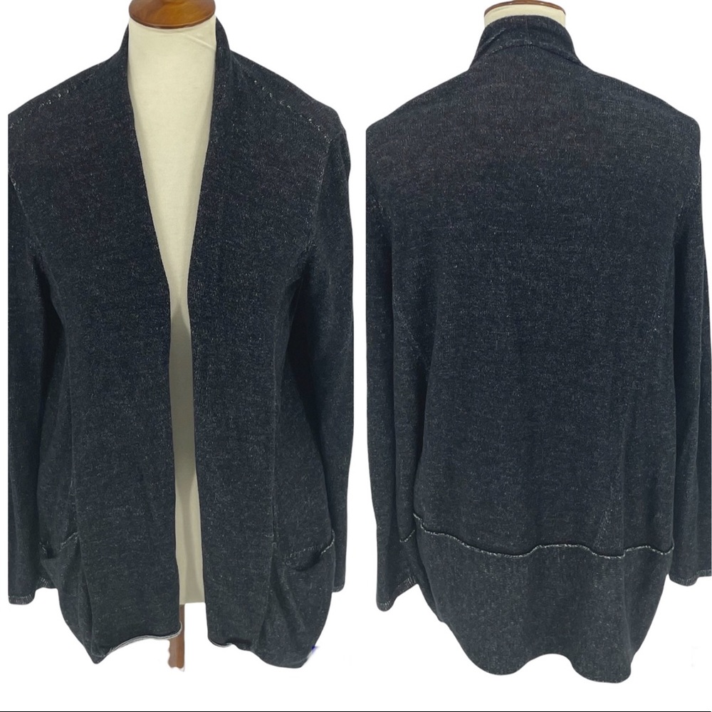 EILEEN FISHER BLACK WASHED HEATHERED OPEN FRONT CARDIGAN SWEATER SMALL
